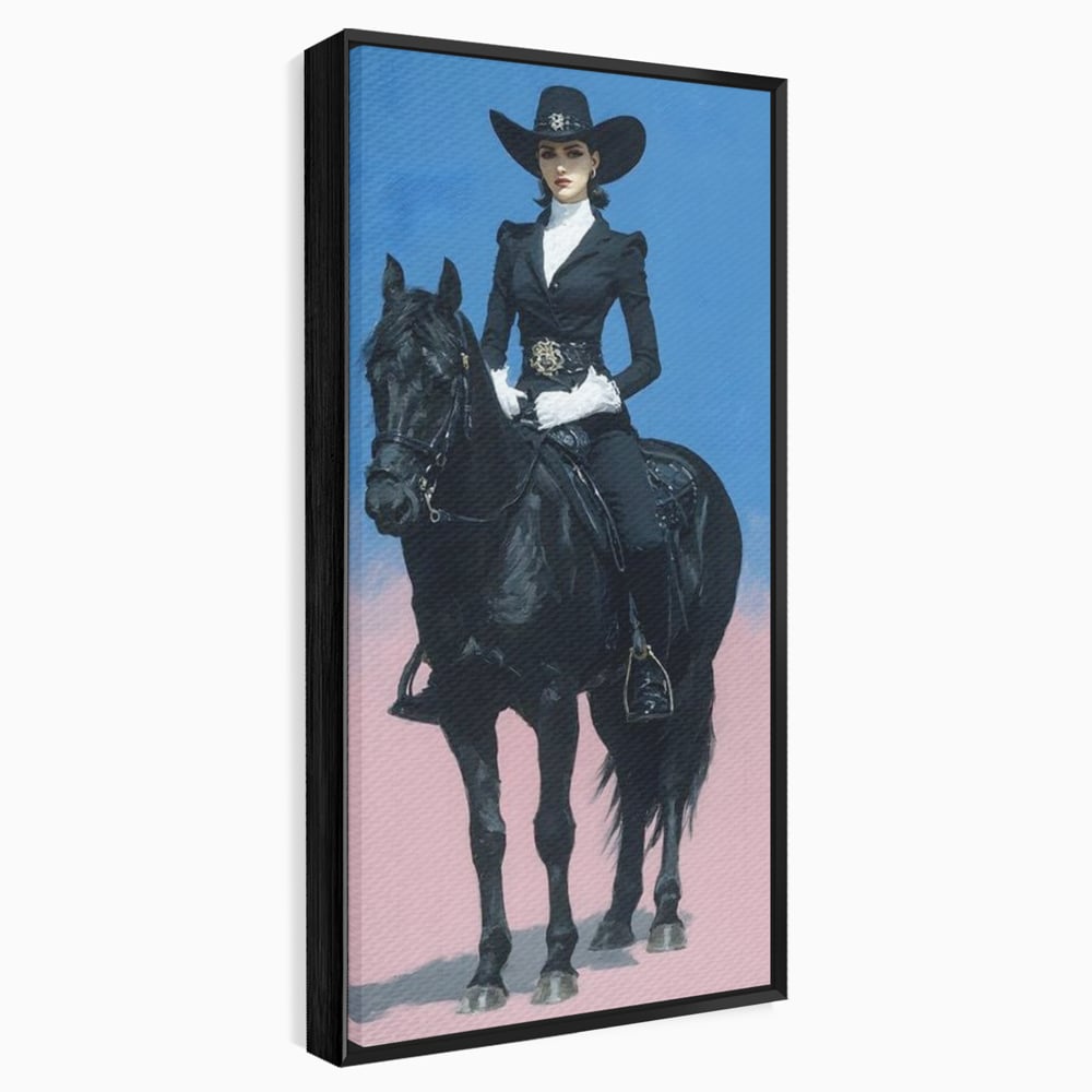 Tablou canvas cu tablou canvas cu femeie calare pe armasar, in rama de aluminiu negru